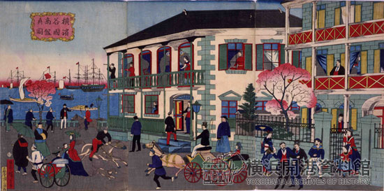 横浜各国商館真図　三代広重画　明治5年（1872）