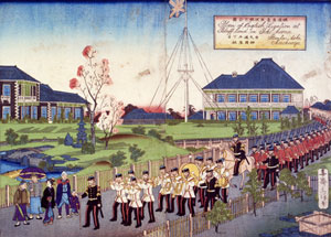 図１　イギリスの軍楽隊　2代広重「横浜高台役館之全図」1869年　当館蔵　（部分）