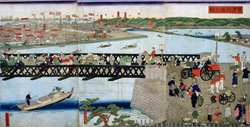 図2　鉄橋に架け替えられた吉田橋　「横浜鉄橋之図」（部分）　貞秀画　1870（明治3）年　当館蔵